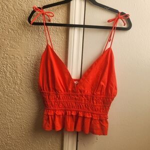 Sim & Sam Cotton Tie-Shoulder Smocked Crop Top In Watermelon Pink, Size XL, NWT!